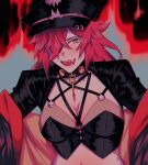  1girl black_headwear breasts caterina_(honkai:_star_rail) commentary crop_top hat highres honkai:_star_rail honkai_(series) jacket lana_(radiantbow) long_hair medium_breasts midriff navel off_shoulder orange_eyes peaked_cap red_hair shrug_(clothing) solo upper_body 