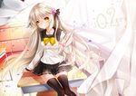  bow juna long_hair original seifuku thighhighs watermark white_hair yellow_eyes 