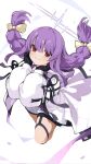  1girl absurdres atsuko_(blue_archive) black_gloves blue_archive blush braid dress gloves grey_halo halo highres hood hood_down hooded_jacket jacket loah_66 long_hair long_sleeves open_mouth purple_hair red_eyes smile solo twin_braids white_background white_dress white_jacket 