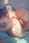  2boys bed_sheet black_hair blanket blue_hair blush body_blush couple covered_eyes ear_blush fang from_side hair_over_eyes highres implied_sex kiyonagi kusanagi_(kiyonagi) lying_on_person male_focus multiple_boys nipples on_bed open_mouth original parted_lips sweat under_covers upper_body veins xi_qing_(kiyonagi) yaoi 