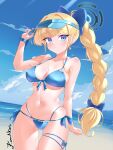  1girl artist_name beach bikini blonde_hair blue_archive blue_bikini blue_eyes blue_headwear blue_sky braid braided_ponytail cloud cowboy_shot day english_commentary front-tie_bikini_top front-tie_top halo high_ponytail highres horizon kuro_neko_7 long_hair looking_at_viewer multi-strapped_bikini_bottom navel ocean outdoors ribbon single_braid sky solo swimsuit toki_(blue_archive) visor_cap wrist_ribbon 