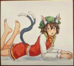  1girl absurdres animal_ear_fluff animal_ear_piercing animal_ears bare_legs barefoot blush bow bowtie breasts brown_eyes brown_hair cat_ears cat_tail chagamaka chen double-parted_bangs earrings fang feet feet_up frills from_side gold_trim green_headwear hair_between_eyes hat highres jewelry long_sleeves looking_at_viewer lying midriff mob_cap multiple_tails nekomata on_stomach open_mouth petticoat red_skirt red_vest short_hair simple_background single_earring skin_fang skirt skirt_set small_breasts soles solo tail tail_through_clothes toes touhou traditional_media two_tails vest white_background yellow_bow yellow_bowtie 