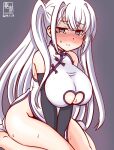  1girl artist_logo black_gloves blush breasts china_dress chinese_clothes cleavage_cutout clothing_cutout dress elbow_gloves embarrassed fuyutsuki_(kancolle) gloves grey_background grey_eyes grey_hair headband kanon_(kurogane_knights) kantai_collection large_breasts long_hair no_panties one-hour_drawing_challenge one_side_up sitting solo sweat tears wariza white_dress 