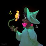  1boy arm_behind_back black_background claws deltarune flowey_(undertale) from_side furry furry_male glasses green_headwear green_robe highres holding in_palm kukustar_(kukuu) looking_at_another male_focus pink_scarf ralsei robe scarf signature solo sparkle upper_body 