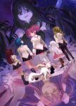  1other 6+girls akemi_homura akuma_homura artist_logo black_gloves black_pantyhose black_skirt blonde_hair blue_hair dress drill_hair dutch_angle elbow_gloves fmu from_behind gloves highres kaname_madoka kyubey long_hair looking_at_viewer looking_to_the_side magia_record:_mahou_shoujo_madoka_magica_gaiden mahou_shoujo_madoka_magica mahou_shoujo_madoka_magica:_hangyaku_no_monogatari medium_hair miki_sayaka mitakihara_school_uniform momoe_nagisa multiple_girls pantyhose parted_lips pink_dress pink_eyes pink_hair plaid plaid_skirt red_hair sakura_kyoko school_uniform short_hair skirt tomoe_mami twin_drills twintails ultimate_madoka white_gloves white_hair 