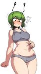  1girl antennae blush breasts full-face_blush green_hair large_breasts navel panties plump short_hair solo space_jin sports_bra sweat tears thick_thighs thighs touhou underwear underwear_only wavy_mouth weight_conscious wide_hips wriggle_nightbug 