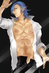  against_glass areno blue_eyes blue_hair kill_la_kill male_focus mikisugi_aikurou open_clothes open_shirt shirt solo 