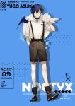  1boy absurdres ankle_socks asymmetrical_legwear belt belt_collar bishounen black_belt black_bracelet black_collar black_footwear black_shorts blue_background blue_eyes blue_hair blue_wings boots buttons character_name closed_mouth collar collared_shirt commentary demon_wings english_text eyelashes flower full_body hand_in_pocket highres kami_off_record looking_at_viewer male_focus mini_wings nijisanji nijisanji_en rose shadow shirt short_hair shorts simple_background single_sock single_thighhigh single_wing smile socks solo straight-on suspenders symbol-only_commentary thighhighs white_flower white_rose white_shirt white_socks white_thighhighs wings yugo_asuma 