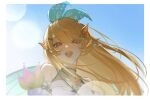  1girl backlighting blonde_hair blue_sky blurry bokeh border bow commentary depth_of_field detached_sleeves dress from_below green_bow hair_bow highres long_hair looking_at_viewer looking_down nijisanji nijisanji_en open_mouth pearl_(pe4rrrrrl) pointy_ears pomu_rainpuff pomu_rainpuff_(1st_costume) portrait red_eyes sky smile solo symbol-only_commentary upper_body virtual_youtuber white_dress white_sleeves wings 