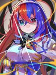  1girl alear_(female)_(fire_emblem) alear_(fire_emblem) armor blue_eyes blue_hair breasts crossed_bangs emblem_ring fire_emblem fire_emblem_engage gloves hair_between_eyes heterochromia hirotaka_(hrtk990203) jewelry long_hair looking_at_viewer medium_breasts multicolored_hair red_eyes red_hair ring serious solo split-color_hair tiara twitter_username two-tone_hair very_long_hair 