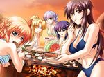  5girls beach bikini black_hair blonde_hair blue_eyes blue_hair braid breasts chopsticks cleavage cloud clouds eating evening eyes_closed fire food game_cg highres large_breasts long_hair looking_at_viewer mouth_hold multiple_girls ocean orange_hair ponytail purple_hair red_eyes shironeko_sanbou short_hair sitting sky smile sunset swimsuit tsuyokiss water yellow_eyes 