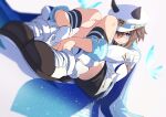  1girl absurdres animal_ears blue_eyes boots brown_hair cheval_grand_(umamusume) commentary_request dutch_angle ear_covers gloves hair_between_eyes hat highres horse_ears horse_girl hugging_own_legs kneehighs knees_up long_sleeves looking_at_viewer peaked_cap single_glove sitting socks solo umamusume white_background white_gloves 