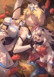  2girls :d absurdres autumn_leaves bare_shoulders blonde_hair blush breasts clover_print constellation_print detached_sleeves dress feather_hair_ornament feathers flower genshin_impact gloves hair_between_eyes hair_flower hair_ornament halo highres holding_hands kano_sakiko lily_(flower) lumine_(genshin_impact) lying medium_breasts multiple_girls on_back paimon_(genshin_impact) partially_fingerless_gloves short_hair_with_long_locks single_thighhigh smile thighhighs white_dress white_flower white_hair 
