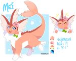  absurd_res belly cherry_blossom collar collar_tag color_chart eeveelution fan_character female feral flower food fruit generation_1_pokemon hi_res model_sheet nintendo orange_body orange_skin pecha_berry pixelyteskunk plant pokemon pokemon_(species) pokemon_berry prunus_(flower) solo vaporeon watermark white_belly white_body white_paws white_skin 