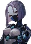  1girl absurdres albino_(a1b1n0623) armor black_armor black_eyes bodysuit breasts fate/grand_order fate/samurai_remnant fate_(series) grey_bodysuit highres looking_at_viewer mask medium_breasts minamoto_no_raikou_(fate) mouth_mask neon_trim parted_bangs purple_hair rider_(fate/samurai_remnant) short_hair solo 