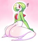 absurd_res big_butt biped butt female gardevoir generation_3_pokemon green_hair hair hi_res looking_back nintendo not_furry pokemon pokemon_(species) pupils saltyxodium simple_background solo thick_thighs white_body