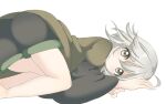  1other ahoge androgynous black_shirt black_shorts brown_coat closed_mouth coat green_trim grey_eyes grey_hair highres houlen_yabusame layered_sleeves len&#039;en long_sleeves lying medium_hair on_side other_focus ougi_hina puffy_short_sleeves puffy_sleeves shirt short_over_long_sleeves short_sleeves shorts simple_background solo white_background wide_sleeves 