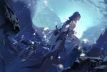  1girl air_bubble blue_dress blue_hair blue_theme bubble closed_eyes closed_mouth dress fish hand_on_own_chest long_hair ocean pantyhose profile rock seafloor single_bare_shoulder sleeveless sleeveless_dress solo underwater very_long_hair vocaloid white_pantyhose xingchen zirancike 