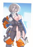  1girl apex_legends black_bodysuit blue_eyes blue_gloves bodysuit breasts cameltoe cigarette detached_sleeves english_commentary fingerless_gloves floating_hair gloves glowing glowing_eyes grey_hair hair_between_eyes highres making-of_available medium_breasts nessie_(respawn) nipples redesign shirt short_hair single_detached_sleeve single_glove solo ueda_(ueda8039) wattson_(apex_legends) white_shirt 