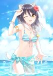  1girl ;d animal_ear_fluff animal_ears bangs bare_shoulders bikini black_hair blue_sarong blue_sky blush breasts cleavage cloud collarbone commentary_request eyebrows_visible_through_hair hair_between_eyes hand_on_own_head hand_up long_hair looking_at_viewer multicolored_hair navel ocean one_eye_closed open_mouth partially_submerged princess_connect! sarong shiny shiny_hair shiori_(princess_connect!) sky small_breasts smile solo striped striped_bikini swimsuit tail tiger_ears tiger_girl tiger_tail water white_hair yazi114 yellow_eyes 