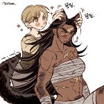  2girls :o animal_ears arm_hair artist_name bandaged_arm bandages bare_shoulders blonde_hair blush body_hair breasts brown_hair chest_sarashi commentary_request cross_scar dark-skinned_female dark_skin extra_ears fang fang_out frown furrowed_brow grey_pants hands_on_another&#039;s_ears jitome korean_commentary korean_text leg_hair long_hair long_sideburns looking_at_another medium_breasts milsae multicolored_hair multiple_girls orange_eyes original pants sarashi scar scar_on_arm scar_on_chest scar_on_face scar_on_stomach shirt short_hair shorts sideburns signature simple_background sitting sparkle stitches streaked_hair tail toned too_many_scars translation_request v-shaped_eyebrows white_background white_shorts wolf_ears wolf_girl wolf_tail yellow_shirt 