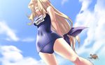  2010 agarest_senki agarest_senki_(series) arms_behind_back bare_legs blonde_hair closed_eyes cloud company_name copyright_name covered_navel day from_below game_cg highres hildegard_(agarest_senki) hirano_katsuyuki long_hair low-tied_long_hair name_tag official_art one-piece_swimsuit school_swimsuit sky solo swimsuit 