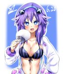  :d arm_behind_back bikini blue_eyes blush breasts cleavage cosplay d-pad d-pad_hair_ornament front-tie_bikini_top front-tie_top hair_between_eyes hair_ornament hand_fan hand_up highres holding holding_fan hood hood_up hooded_jacket jacket kurozero large_breasts long_hair medium_breasts navel neptune_(neptunia) neptune_(neptunia)_(cosplay) neptune_(series) open_clothes open_jacket power_symbol purple_hair purple_heart_(neptunia) smile swimsuit symbol-shaped_pupils upper_body usb white_jacket 