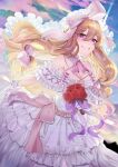  1girl blonde_hair bouquet breasts bridal_veil cleavage dress flower frilled_dress frills gloves grin highres holding holding_bouquet ishikawa_sparerib long_hair looking_at_viewer neck_ribbon off-shoulder_dress off_shoulder purple_eyes red_flower red_rose ribbon rose sky smile solo touhou veil wedding_dress white_dress white_gloves yakumo_yukari 