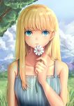  blonde_hair blue_eyes cloud collarbone crying crying_with_eyes_open day flower grass highres holding holding_flower long_hair moda mountain one_piece sidelocks sleeveless smile solo tears tree upper_body yumiyokiak 