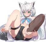  1girl ahoge animal_ear_fluff animal_ears ass barefoot belt black_shorts black_thighhighs blue_eyes blush braid breasts bridal_legwear eru_(l_illust45) feet fox_ears fox_girl fox_tail hands_on_own_thighs highres hololive knees_up legs long_hair lying navel no_shoes on_back pillow ponytail shirakami_fubuki shirakami_fubuki_(1st_costume) shirt short_shorts shorts single_thighhigh sleeveless sleeveless_shirt solo stomach tail thigh_strap thighhighs thighs toeless_legwear toenails toes white_hair white_shirt 