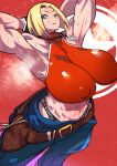  1girl abs armpits baggy_pants bare_shoulders belt belt_skirt blonde_hair blue_eyes blue_mary bob_cut breasts crop_top denim fatal_fury fingerless_gloves gloves halterneck kemonono_(inchiki_dou) large_breasts looking_at_viewer loose_belt midriff multiple_belts muscular muscular_female navel pants parted_hair shirt short_hair simple_background sleeveless sleeveless_turtleneck smile snk solo the_king_of_fighters tight_top turtleneck 