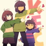  3others antenna_hair arm_up artist_name back black_pants black_pantyhose black_shirt blurry brown_eyes brown_hair brown_shorts chara_(undertale) closed_eyes closed_mouth collared_shirt covered_eyes deltarune frisk_(undertale) green_sweater hand_on_own_hip heart index_finger_raised kris_(deltarune) lari-lab long_sleeves looking_to_the_side multiple_others pants pantyhose puffy_long_sleeves puffy_sleeves purple_pants purple_sweater shirt short_hair shorts simple_background single_stripe smile standing striped_clothes striped_sweater sweater turtleneck turtleneck_sweater undertale wide_sleeves yellow_background 