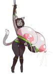2021 anthro areola big_breasts biped bodily_fluids borvar breasts brown_hair colored_sketch domestic_cat felid feline felis female fur grey_body grey_fur hair hi_res holding_object holding_sword holding_weapon huge_breasts hyper hyper_breasts lactating mammal melee_weapon milk nipples open_mouth open_smile simple_background sketch smile solo sword weapon white_background