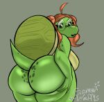 anthro big_breasts big_butt breasts butt cherry_(wetwaffls) double_ponytail eyewear female glasses green_body green_eyes hair hi_res leg_grab looking_at_viewer looking_back red_hair reptile scales scalie shell solo suprised_look thick_thighs turtle watermark wetwaffls