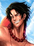  beads black_hair cloud day freckles grey_eyes grin hat_around_neck male_focus one_piece parted_lips portgas_d_ace portrait prayer_beads sky smile solo yumiyokiak 