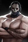  1boy arm_tattoo artist_name bara black_gloves call_of_duty call_of_duty:_modern_warfare_2 crossed_arms ghost_(modern_warfare_2) gloves headphones highres kaysuoae large_pectorals looking_at_viewer male_focus mask muscular muscular_male nipples pectorals scar scar_on_arm scar_on_chest skull_mask solo tattoo upper_body 