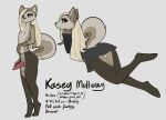 blonde_hair blue_eyes bottomwear brown_body brown_fur canid canine canis clothing curled_tail domestic_dog feretta fur genitals girly hair hi_res husky kasey_mullway legwear male mammal model_sheet nordic_sled_dog pale_fur pantyhose penis simple_background skirt spitz tail