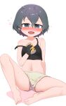  1girl absurdres alcohol bare_shoulders barefoot beer_can black_hair blush breasts can chis_(js60216) collarbone drink_can drunk feet grey_eyes highres kaban_(kemono_friends) kemono_friends knee_up legs looking_at_viewer navel nose_blush off_shoulder open_mouth short_hair short_shorts shorts singlet sitting small_breasts smile solo toenails toes 