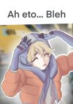  1girl ^_^ ah_eto..._bleh_(meme) animification apex_legends blonde_hair blue_bodysuit blue_gloves bodysuit closed_eyes english_commentary gloves grey_bodysuit hair_between_eyes hands_on_own_head head_tilt highres hood hood_down hood_up hooded_bodysuit hooded_jacket jacket meme orange_jacket solo taiho_shichauzo tongue tongue_out ueda_(ueda8039) upper_body wattson_(apex_legends) 