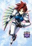  1990s_(style) 1girl armor beads blue_background bodysuit expressionless full_body hair_beads hair_ornament highres iria_(zeiram) iria_zeiram_the_animation katsura_masakazu looking_at_viewer mole mole_under_eye non-web_source official_art red_eyes red_hair retro_artstyle short_hair solo 