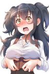  1girl black_hair black_pants blush breasts embarrassed high-waist_pants long_hair looking_at_viewer medium_breasts nose_blush open_mouth pants shirt simple_background solo toaru_kagaku_no_railgun toaru_kagaku_no_railgun_t toaru_majutsu_no_index twintails white_background white_shirt yellow_eyes yon_senpai yumiya_rakko 