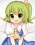  1girl blue_dress breasts collarbone collared_shirt daiyousei dress fairy_wings frilled_sleeves frills green_eyes green_hair happy leaning_forward looking_at_viewer medium_breasts medium_hair one_side_up open_mouth puffy_short_sleeves puffy_sleeves shirt short_sleeves simple_background solo star_(symbol) touhou upper_body white_background white_shirt wings yadoyuki yellow_eyes 