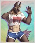 anthro biceps blue_bottomwear blue_clothing blue_shorts border bottomwear brown_body brown_eyebrows brown_fur brown_nose brown_tail clothing crop_top eyebrows fingers fur gesture green_eyes hand_behind_head hi_res looking_at_viewer male navel purtropos shirt shorts simple_background solo standing tail tan_body tan_fur topwear tuft waving white_border white_crop_top