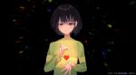  1other black_background blue_hair blush brown_hair chara_(undertale) closed_mouth colored_inner_hair green_sweater hands_up heart highres hrdrifter long_sleeves looking_at_viewer multicolored_hair puffy_long_sleeves puffy_sleeves red_eyes short_hair simple_background single_stripe smile solo standing striped_clothes striped_sweater sweater undertale 