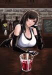  1girl alcohol bar_(place) bare_shoulders black_hair black_skirt bottle bracelet breasts brown_hair cleavage closed_mouth collarbone commentary counter crop_top cup drinking_glass elbow_gloves elbow_rest english_commentary final_fantasy final_fantasy_vii final_fantasy_vii_remake fingerless_gloves flower gloves highres indoors jewelry kivavis large_breasts lips long_hair looking_at_viewer materia plant potted_plant red_eyes single_sidelock skirt smile solo suspender_skirt suspenders swept_bangs tank_top tifa_lockhart upper_body white_tank_top yellow_flower 