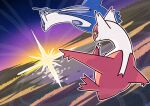  absurdres claws closed_mouth commentary_request flying hatoro_kuroyoshi highres latias latios no_humans outdoors outline pokemon pokemon_(creature) red_eyes smile sunrise yellow_eyes 