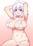  1girl :d armpits arms_behind_head bikini blush breasts camel cleavage gradient_background hat highres itou_yuuji large_breasts letty_whiterock navel purple_eyes smile solo swimsuit touhou white_bikini white_hair 