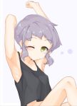  1girl armpits arms_up black_shirt blush clenched_hand closed_mouth flat_chest highres idolmaster idolmaster_million_live! legs looking_at_viewer makabe_mizuki one_eye_closed purple_hair shirt short_hair sidelocks solo stretching sunfromwest tank_top thighs upper_body white_background yellow_eyes 
