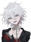  1boy :d black_jacket chain collar collarbone danganronpa_(series) danganronpa_another_episode:_ultra_despair_girls grey_background grey_eyes grey_hair hand_up highres jacket komaeda_nagito long_sleeves lower_teeth_only medium_hair metal_collar nian_(u7l1s) open_clothes open_jacket simple_background smile solo teeth tongue 