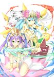  absurdres aqua_eyes aqua_hair byte_(allbyte) flower green_eyes headdress highres lakshmi_(p&amp;d) long_hair lotus lotus_pedestal multiple_girls parvati_(p&amp;d) purple_hair puzzle_&amp;_dragons sidelocks smile sword tiger twintails weapon white_tiger 